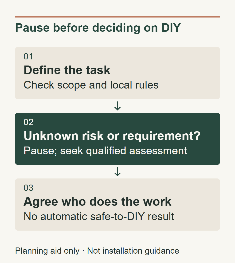 Define the task: Check scope and local rules. Unknown risk or requirement?: Pause; seek qualified assessment. Agree who does the work: No automatic safe-to-DIY result.