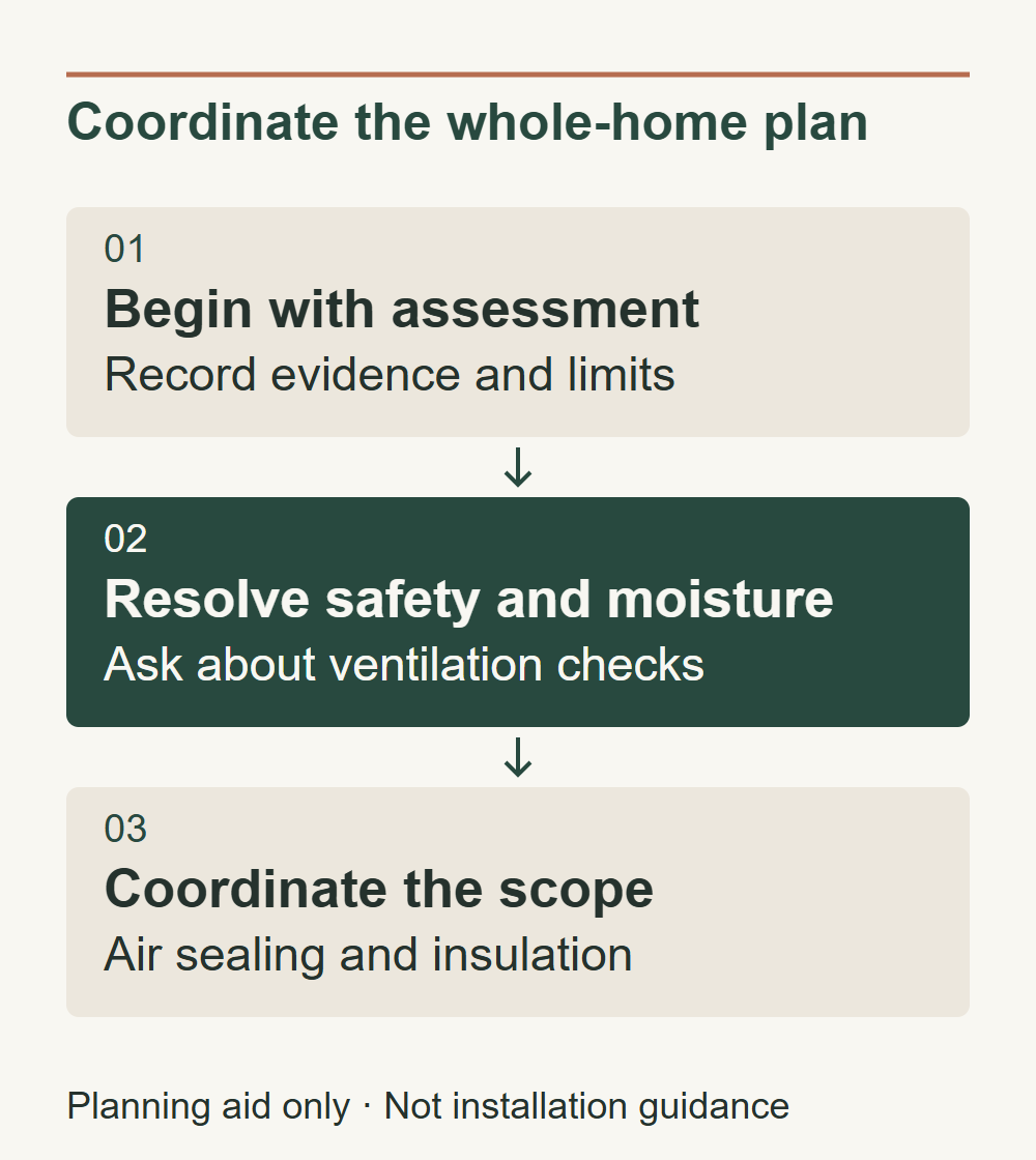 Begin with assessment: Record evidence and limits. Resolve safety and moisture: Ask about ventilation checks. Coordinate the scope: Air sealing and insulation.