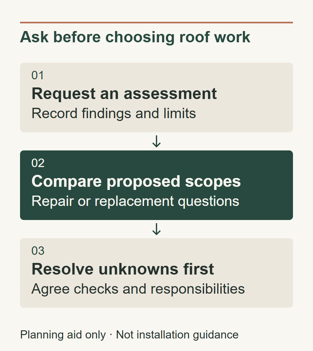 Request an assessment: Record findings and limits. Compare proposed scopes: Repair or replacement questions. Resolve unknowns first: Agree checks and responsibilities.