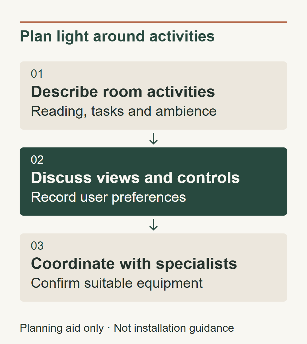 Describe room activities: Reading, tasks and ambience. Discuss views and controls: Record user preferences. Coordinate with specialists: Confirm suitable equipment.