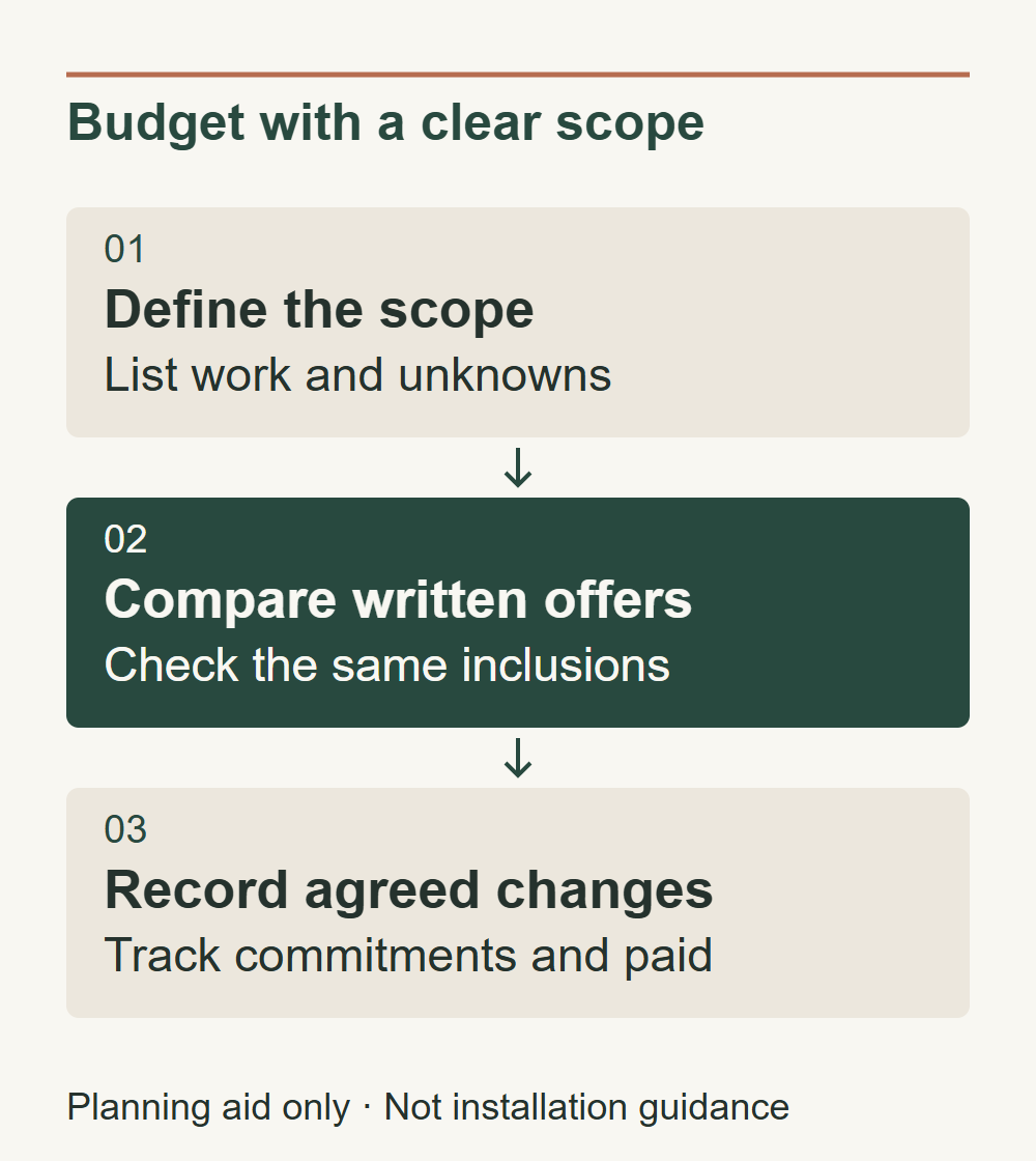 Define the scope: List work and unknowns. Compare written offers: Check the same inclusions. Record agreed changes: Track commitments and paid.